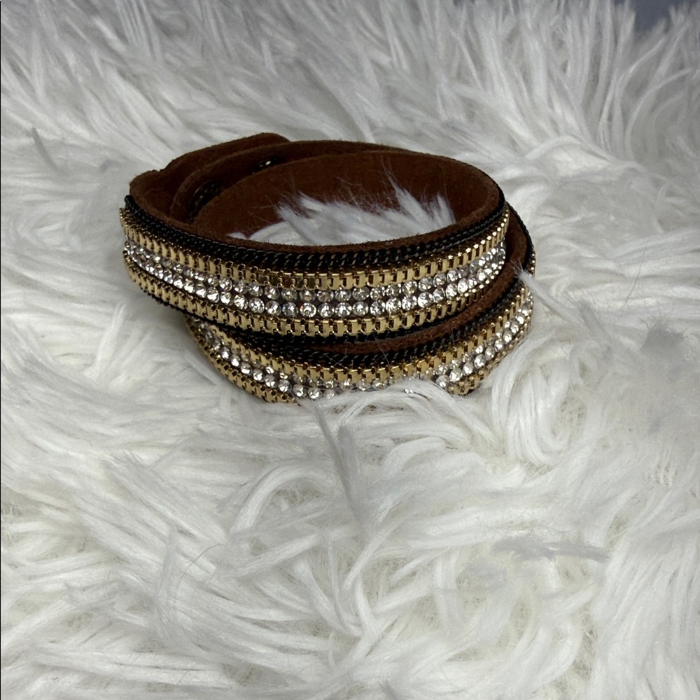Brown Crystal Wrap Bracelet with Gold Accents